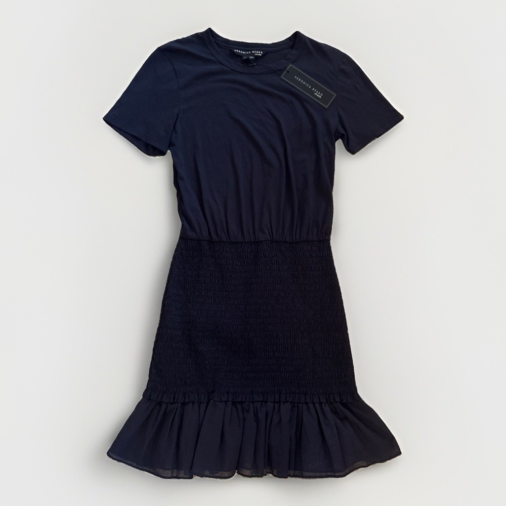 Veronica Beard Aberdeen Navy Tshirt Dress Smocked Skirt XS New